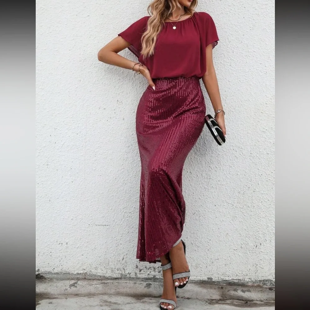 Luxe burgundy batwing sleeve mermaid hem prom party sequins dress